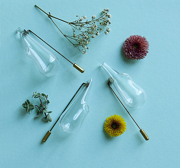 Omer Polak: Design for Food: Boutonnière: A lapel pin for flowers made of glass and brass.