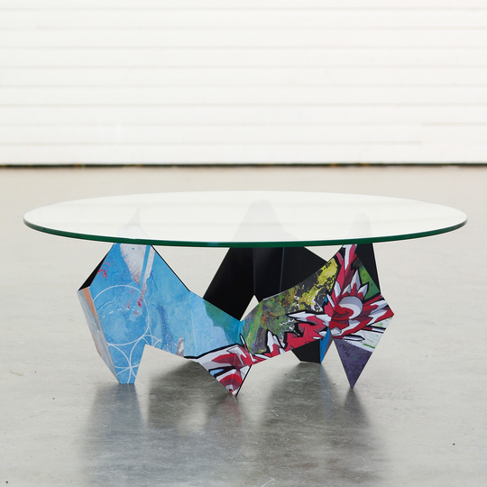 The Graffiti Table: The Graffiti Table is made from folded 3.5mm lasercut steel with a printed vinyl wraparound design. 