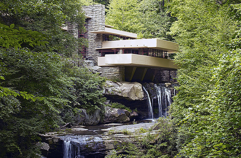 Fallingwater: The house was designed by Wright in 1935. The house was built partly over a waterfall in Pennsylvania USA.