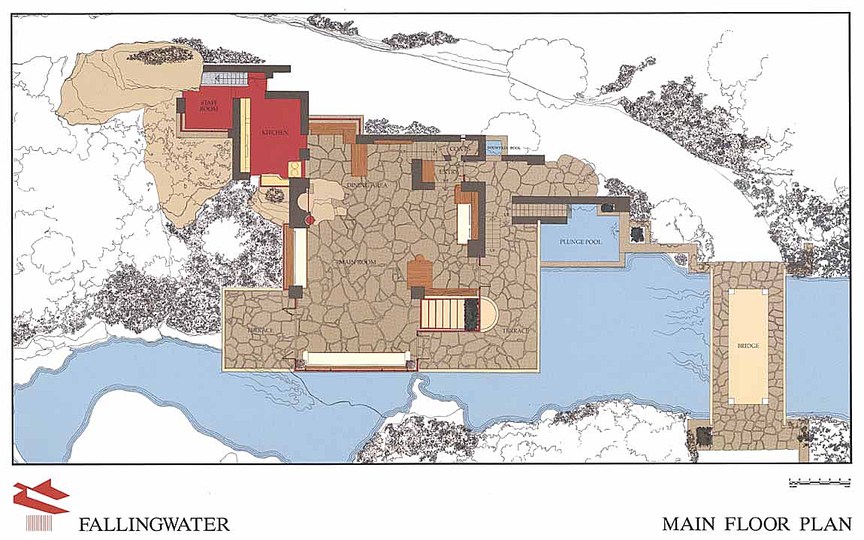 Fallingwater: A floor plan of the house showing the layout including the plunge pool next to the building.