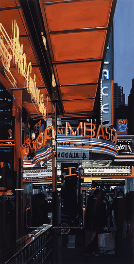 Richard Estes´ New York: Study XIII, Theater, 1997, Richard Estes, Woodcut print on Nishinouchi paper, 13 x 6 3/4 in. (40 x 17.1 cm) Sheet: 20 x 11 3/4 in. (50.8 x 29.8 cm), Signed and inscribed “H.C. 1/2”, aside from the edition of 40 © Richard Estes, courtesy: Marlborough Gallery, New York