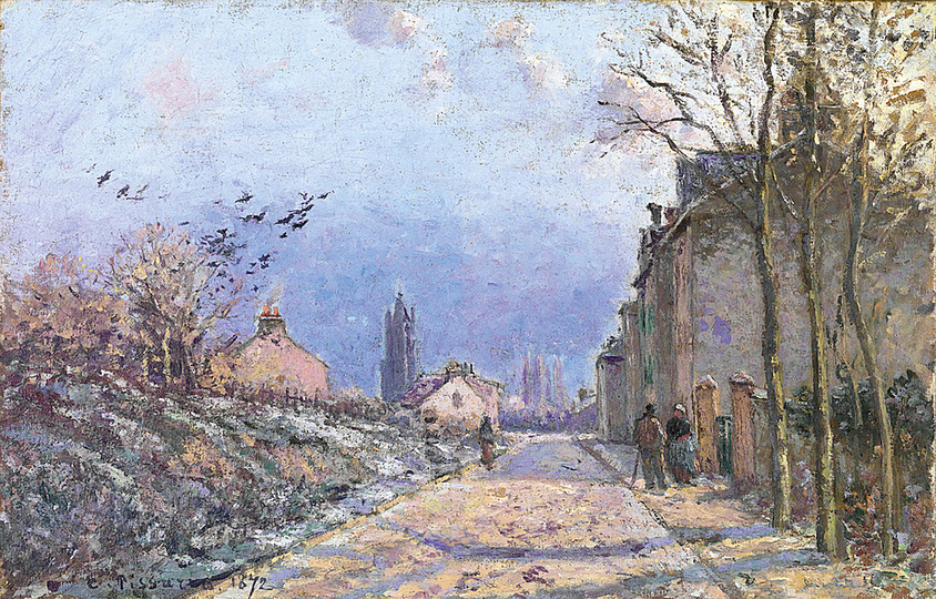 Monet and the Birth of Impressionism: Camille Pissarro (1831–1903), The Rue de Gisors, Pontoise, Winter Effect, 1872 Oil on canvas, 26,8 x 40, 5 cm Privatsammlung, Courtesy David Nisinson