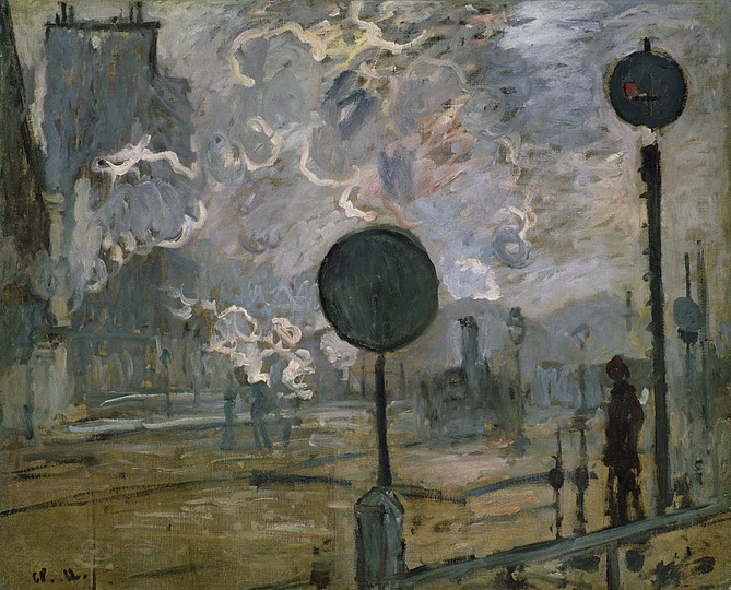 Monet and the Birth of Impressionism: Claude Monet (1840–1926), Exterior of Saint-Lazare Station (The Signal), 1877, Oil on canvas, 65.5 x 82 cm. Niedersächsisches Landesmuseum Hannover Photo: Landesmuseum Hannover – ARTOTHEK