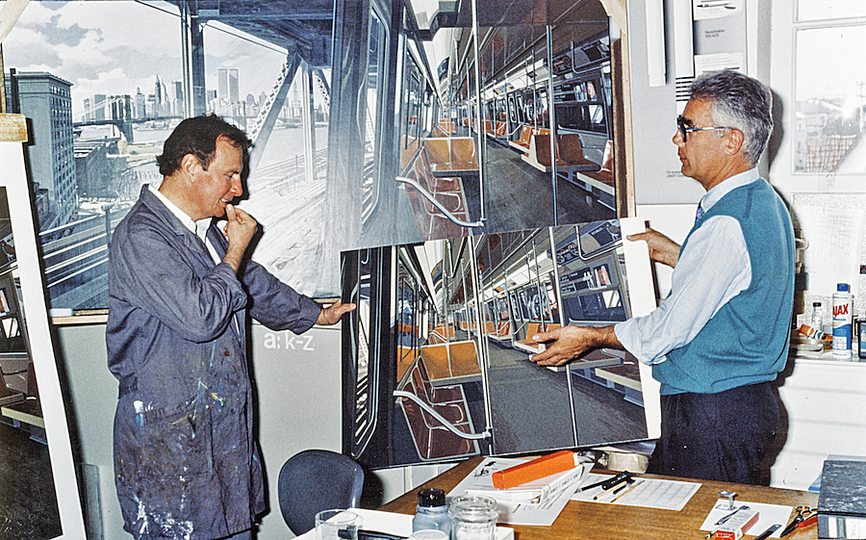 Richard Estes´ New York: Richard Estes and Michael Domberger at the Edition Domberger in Filderstadt, Germany, near Stuttgart, where his three Urban Landscapes portfolios and all but one of Estes’ silkscreen editions were made, c. 1988, Mounted documentary colour photo. Courtesy of a private collection. Photo by Dennis and Diana Griggs
