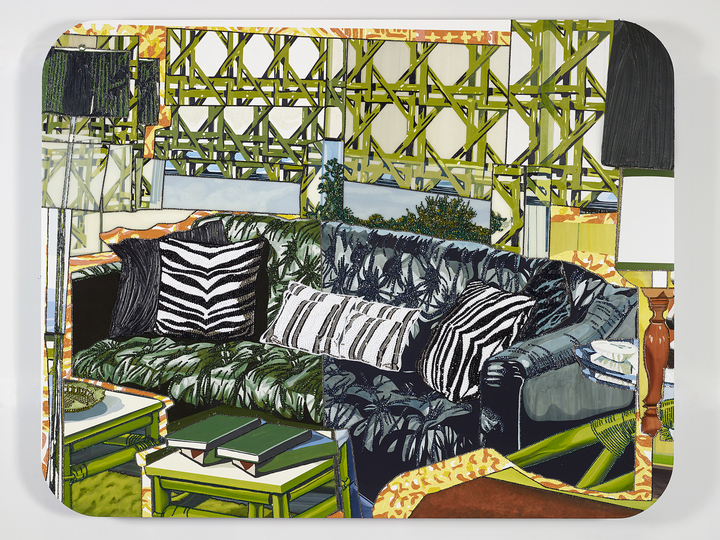 FIAC 2013: Interior: Black Couch with Zebra Pillows by Michalene Thomas represented by Nathalie Obadia