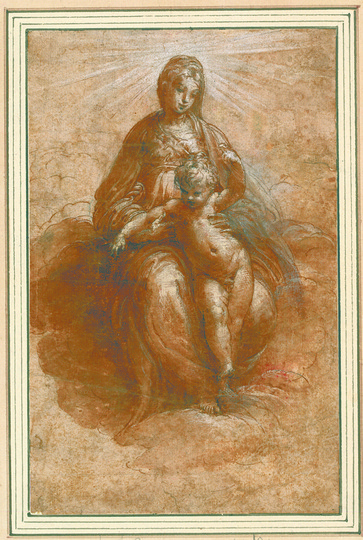 High Renaissance: Parmigianino (1503-1540), The Virgin, Enthroned on Clouds, with the Christ Child between her Knees, 1526-1527, 
Pen and brown ink, heightened with white, 20,4 x 13 cm