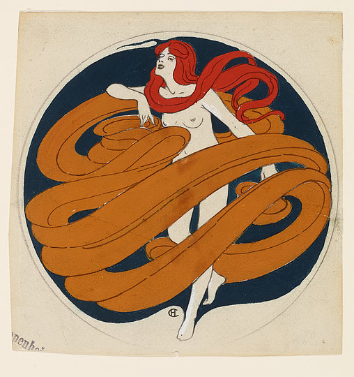Hans Christiansen´s Jugendstil: Woman with swirling band in  circle, Sketch for chocolate boxes, 1898/1899, Museumsberg Flensburg.