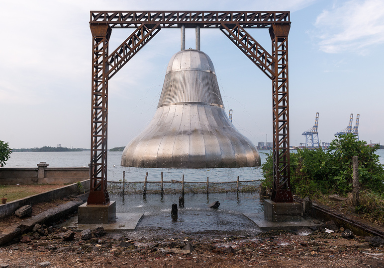 Kochi Biennale 2014: Gigi Scaria's stainless steel bell installation titled 'Chronicles of The Shores Foretold' at Pepper House, Fort Kochi