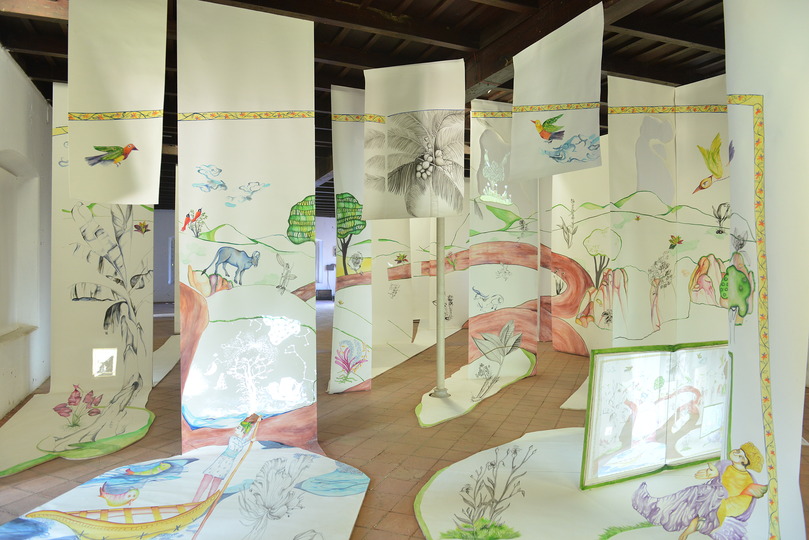 Kochi Biennale 2014: Sumakshi Singh's work titled 'In, Between the Pages' at Pepper House, Fort Kochi. Multi-media Installation: drawings, paintings and collage on paper scrolls, projection, stop-motion animation - 70 x 30 ft