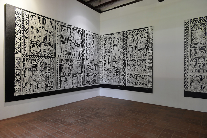 Kochi Biennale 2014: K G Subramanyan's 'War of the Relics' installed at David Hall, Fort Kochi. The artist has used acrylic on canvas (16 panels- 9ft X 36ft overall)