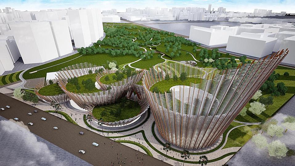 Green urban design concepts: The Taichung City Cultural Centre portrays our vision as the threshold for Taichung Gateway Park. An iconic visual corridor connects local and international arrivals (Transportation Centre) to the main cultural district of the city through a revived, vibrant pubic space.