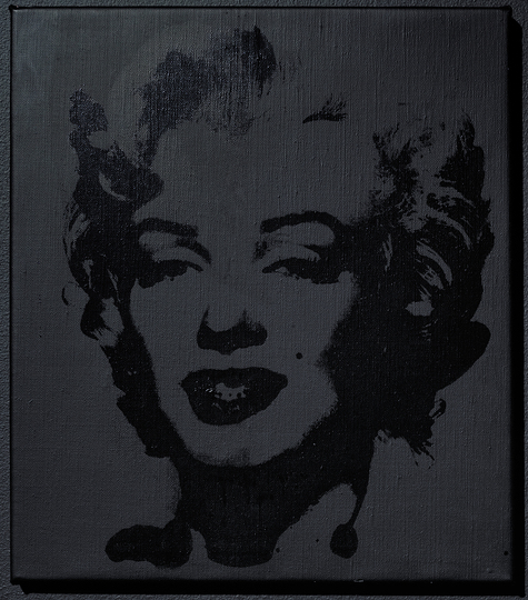 Sturtevant Double Trouble: Sturtevant. Warhol Black Marilyn. 2004. Synthetic polymer silkscreen and acrylic on canvas. 15 15/16 x 13 7/8 in. (40.5 x 35.2 cm). Ringier Collection, Switzerland. Courtesy Anthony Reynolds Gallery, London. © Estate Sturtevant, Paris