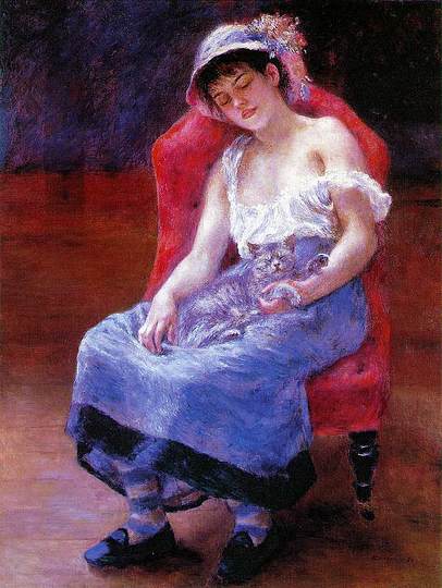 Cats in Art: Sleeping girl with cat by Renoir