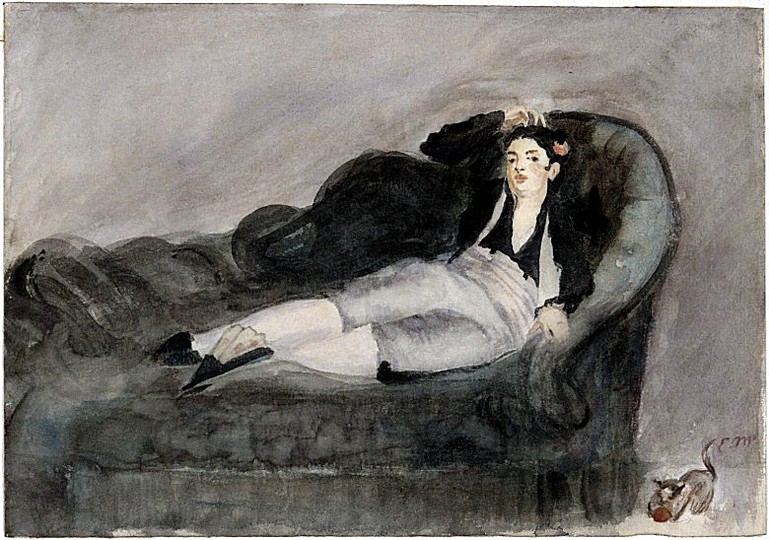 Cats in Art: Eduard Manet, Study for Young Woman Reclining in Spanish Costume (Jeune femme couchee en costume espagnol)French, 1832 - 1883; watercolor.