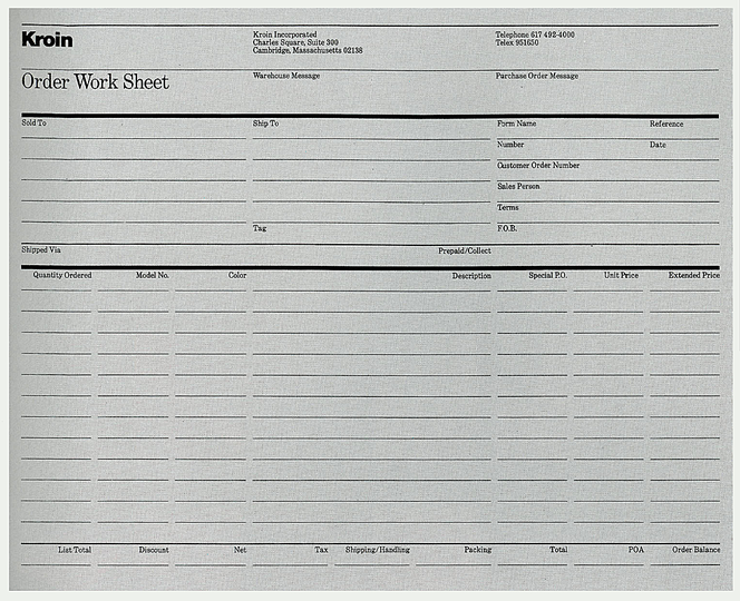 Massimo Vignelli 1931-2014: Kroin Work Order Sheet, 1985. Vignelli worked heavily with various types of grids and lines.