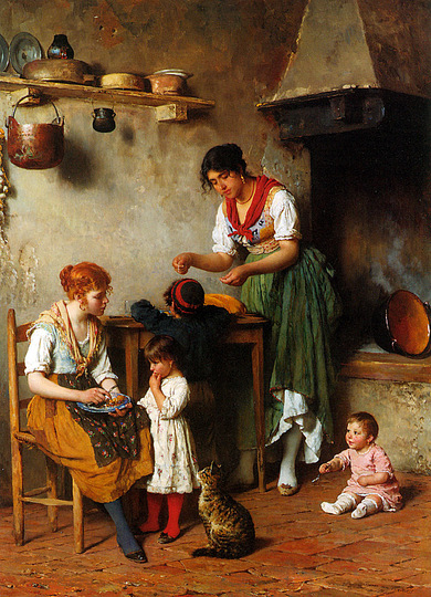 Cats in Art: Women, children and cats in kitchen by Eugen von  Blaas, A helping hand. 1884 Oil on panel.