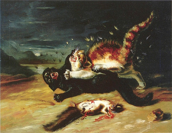 Cats in Art: Two house cats fighting,  painting by J.J. Audubon.