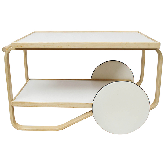 Alvar Aalto furniture: Tea cart 901, 1936, Artek, Finland. Made of two continuous natural birch wood loops
with white laminate “hub cap” wheels.