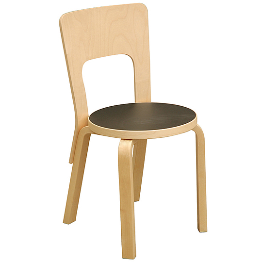 Alvar Aalto furniture: Chair 65 with black seat on blonde birch frame.