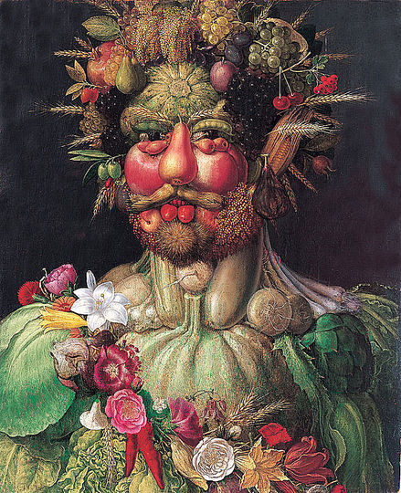 Summer by Arcimboldo: Vertumnus is a painting by Giuseppe Arcimboldo produced in Milan circa 1590-1591. The painting is Arcimboldo's most famous work and is a portrait of the Holy Roman Emperor Rudolf II re-imagined as Vertumnus, the Roman god of metamorphoses in nature and life. Collection of Skoklostersslott, Sweden.