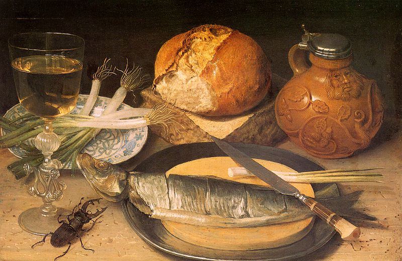 Georg Flegel: Still Life Painter: Breakfast Image with herring, Bartmann pitcher and a stag beetle.