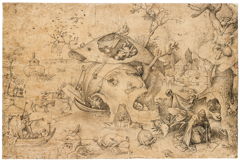 Pieter Bruegel: Pieter Bruegel the Elder (c. 1525/30 Breugel or Antwerp? – 1569 Brussels)
The Temptation of Saint Anthony
c. 1556
Pen and brush and brown and greybrown ink
215 (right) / 216 (left) × 326 mm
Oxford, The Ashmolean Museum, Bequeathed by Frances Douce, 1834
© Ashmolean Museum, University of Oxford
