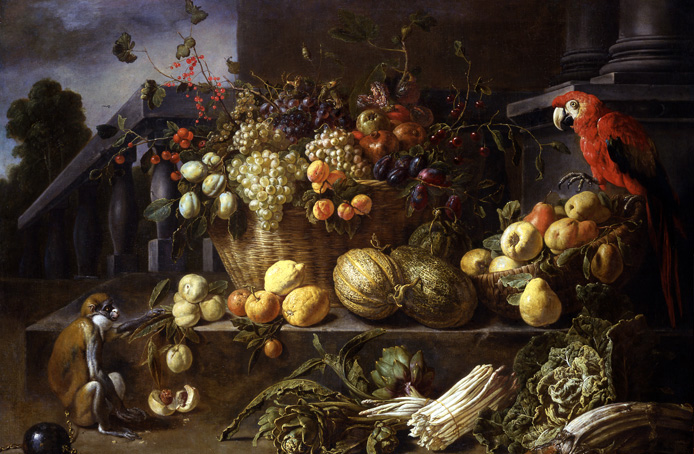 Still Life Monkeys: Adriaen van Utrecht (1599–1652), Still Life with Fruits, Vegetables, a Monkey and a Parrot in a Garden, 1646, oil on panel, 116.5 × 163.7 cm (45.9 × 64.4 in), Signed and dated on the stone base: 