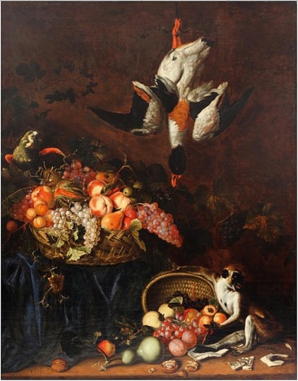 Still Life Monkeys: Frans van Cuyck, Still Life with Fruit Basket with a Monkey and a Parrot, 1663-1689, Oil on canvas, 139 x 110 cm. Private Collection.