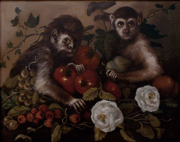 Still Life Monkeys: Alexandra Connor, Monkeys with Fruit and Flowers, Egg tempera & oil on canvas, 28