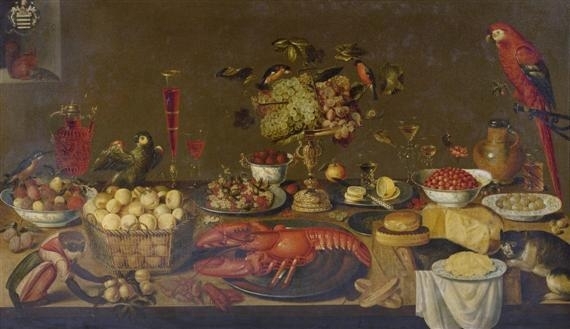 Still Life Monkeys: Artus Claessens, Large Banquet Still Life with Lobster, Fruits, Wine Glasses, Porcelain and Pewter Plates, Birds, Monkey, Squirrel and Cat, 99.4 x 170 cm, Oil on canvas.