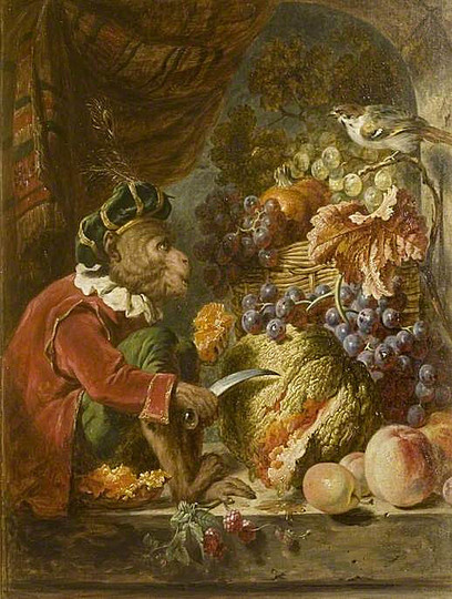 Still Life Monkeys: George Lance, Still Life with Monkey, Sparrow and Fruit, c.1850, Oil on canvas, 54.6 x 47.6 cm. Colchester and Ipswich Museum Service: Colchester Collection