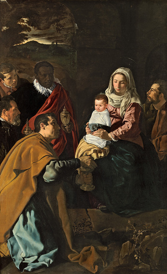 Diego Velázquez: When Velázquez painted this Adoration of the Magi it was his largest and most ambitious composition to date. It was probably commissioned by the Jesuits in Seville, with whom the artist’s teacher and father-in-law maintained excellent relations. The protagonists were clearly painted from the life: the aged king on the left is a portrait of Pacheco, and both the king in the foreground and St. Joseph are modelled on Velázquez’ himself. Diego Velázquez, The Adoration of the Magi, 1619, 203 x 125 cm © Photographic Archive, Museo Nacional del Prado, Madrid