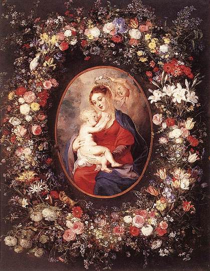 Baroque Co-creation: Jan Brueghel I and Rubens: Virgin and Child in a Flower Garland with Angels. Peter Paul Rubens and Jan Brueghel, Artothek, Weilheim.