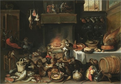 Still Life Monkeys: Formerly attributed to Ferdinand van Kessel (1648–1696)(Apes celebrating in the kitchen), 17th, oil on panel. Private collection. Auction by Sotheby's London 2008-07-10.