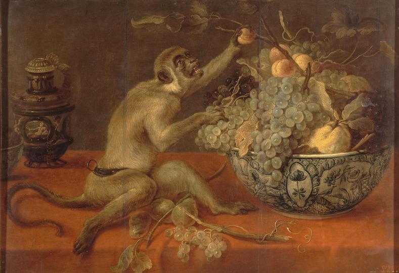 Still Life Monkeys: Frans Snyders (1579–1657), Still Life with a Monkey, Mid-16th century, oil on canvas, 78 cm (30.7 in). x  64 cm (25.2 in). Current location: Hermitage Museum.