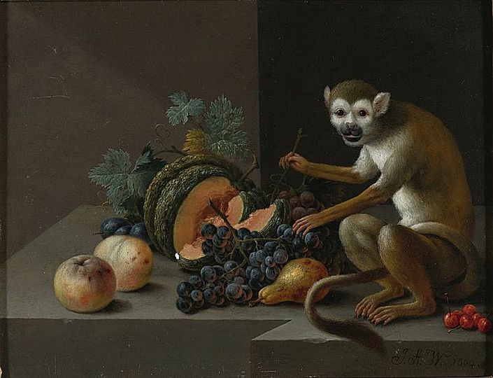 Still Life Monkeys: Johann Amandus Wink (1748-1817), Still Life with a Melon, Peaches.