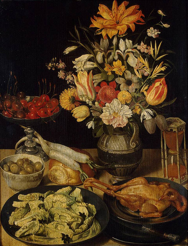 Georg Flegel: Still Life Painter: Still-Life with flowers and snacks, between 1630 and 1635
Medium	oil on panel, 53 cm (20.9 in) x 41 cm (16.1 in). Hermitage Museum.