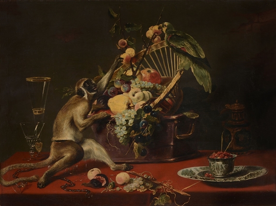 Still Life Monkeys: A Follower of Frans Snyders (1579-1657),  Still Life with Monkey seizing Fruit from a Basket, with a Parrot perched on Top,  Oil on canvas, 87 x 115 cm. (34 1/4 x 45 1/4 in). Provenance: Sale. Sotheby's London, Walter collection, 10th June 1942, lot 33 (illus., catalogued as autograph). Private collection, UK.