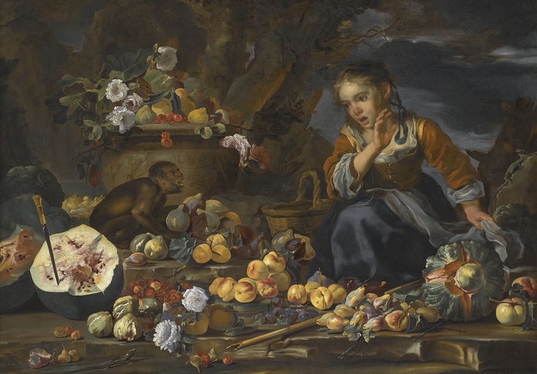 Still Life Monkeys: Bernard Keil and Michele Pace del Campidoglio, Still Life of Watermelons, Apples, Figs, Pommegranates, Flowers and Peaches with a Young Girl startled by a Monkey, oil on canvas, 117 x 165 cm, Private Collection.