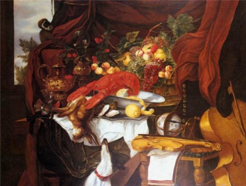 Still Life Monkeys: Andries Benedetti, Still Life with Fruit, Lobster, Oysters, Hunting Trophies, Musical Items and a Monkey, 1646.
