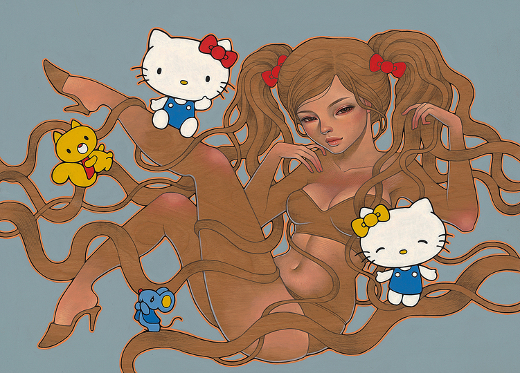 Hello Kitty Culture: Many Japanese artists and designers work in the the Japanese art of comic strips and cuteness aesthetics. Audrey Kawasaki, Hi Kitty, 2014, Oil and Graphite on Wood.