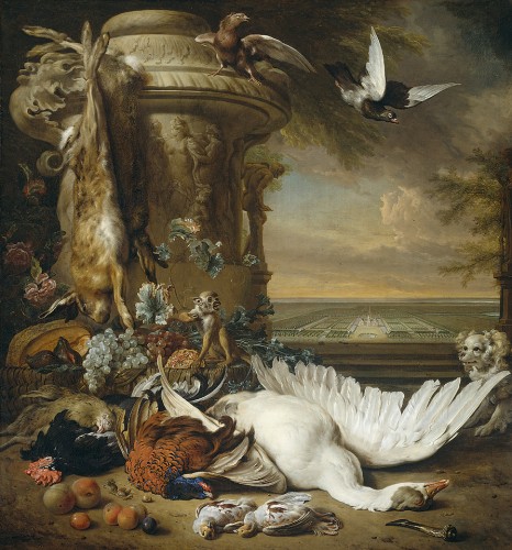Still Life Monkeys: Jan Weenix (1640/41-1719), A Monkey and a Dog beside dead Game and Fruit, with the Sstate of Rijxdorp near Wassenaar in the background, 1714. Rijksmuseum, Amsterdam. 