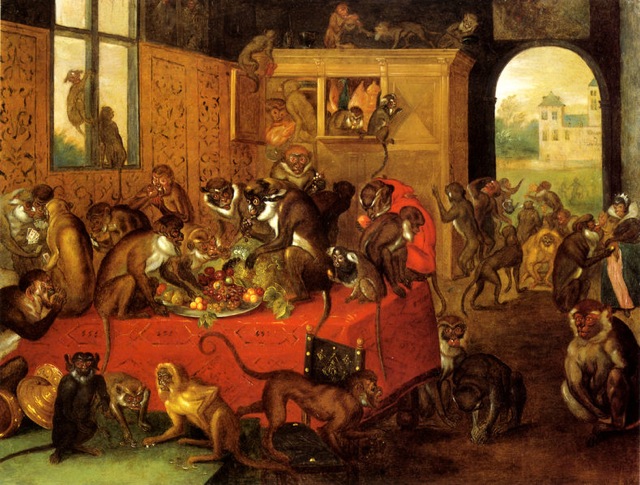 Still Life Monkeys: Ferdinand van Kessel, Monkey’s Feast, 17th century.