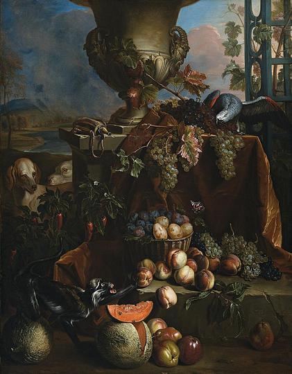 Still Life Monkeys: Alexandre-Francois Desportes, Still Life of Fruits in a Landscape with Dogs, Monkey, and Parrot, c. 1710.