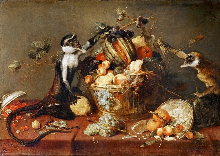 Still Life Monkeys: Frans Snyders (Antwerp, 1579 - Antwerp, 1657), Two Monkeys Stealing Fruit from a Basket, 0.84 x. 1.19 m. Bequest of baron Chevreau de Christiani, 1929. Louvre.