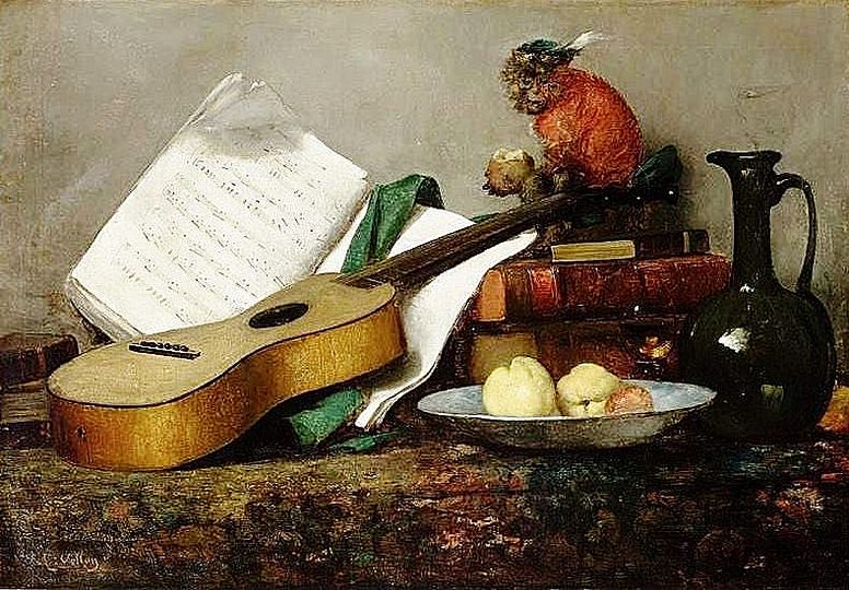 Still Life Monkeys: Antoine Vollon (1853-1900), Still Life with Monkey and a Guitar.