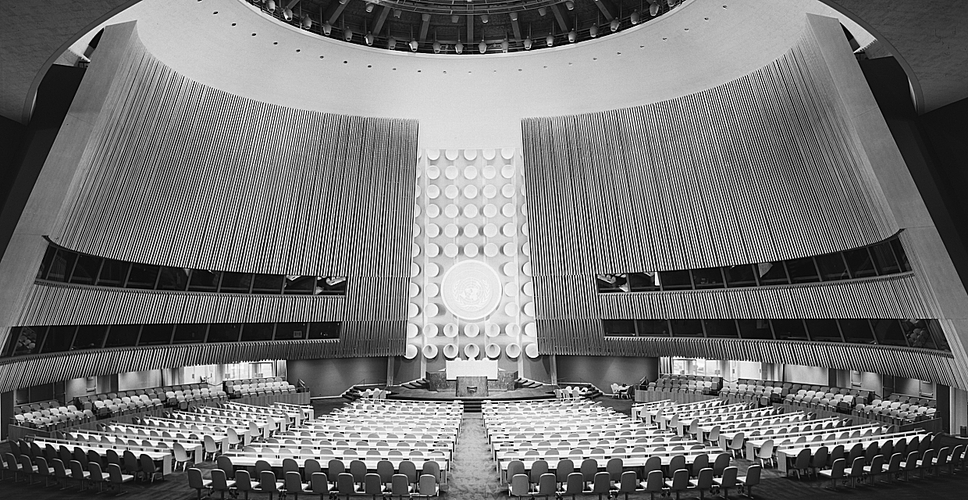 Ezra Stoller: Photographic Language: The General Assembly at the United Nations in New York City, completed in 1952 by an international team of architects including Wallace K. Harrison and Le Corbusier. Photo: © Ezra Stoller/Esto/Yossi Milo Gallery.