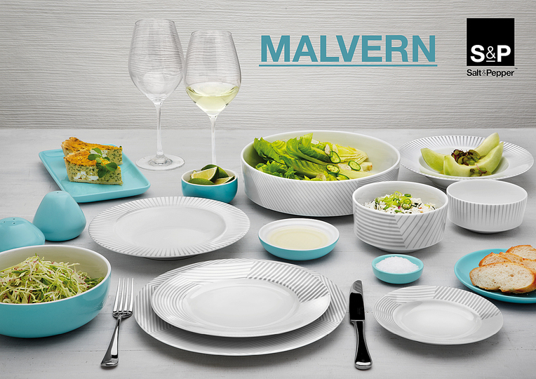 Serve Up!: MALVERN Salt & Pepper. Salt&Pepper's MALVERN dinnerware and accessories combine strong white porcelain with detailed graphic lines, adding fine dining quality to every day meals. Designer : Salt & Pepper. Stand name : SALT & PEPPER. Show : MAISON&OBJET. Copyright : Aerts NV