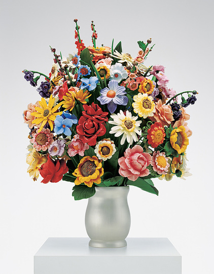 Jeff Koons at the Whitney: Large Vase of Flowers, 1991, polychromed wood, 132.1 x 109.2 x 109.2 cm, Edition no. 2/3. Collection Norman and Norah Stone.