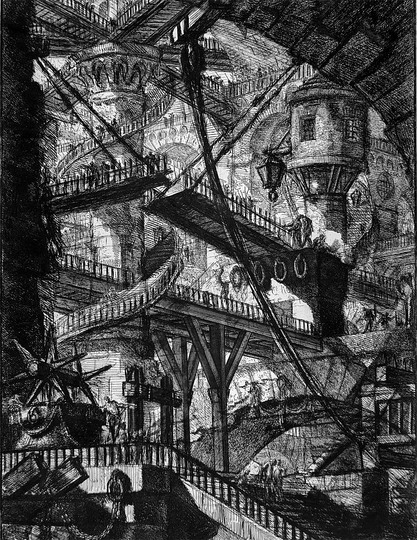 Terror Architecture -18th Century Prisons: Piranesi etchings of the Carceri, which explored the authority and justice system of the Romans, and the cruelty of the emperors.